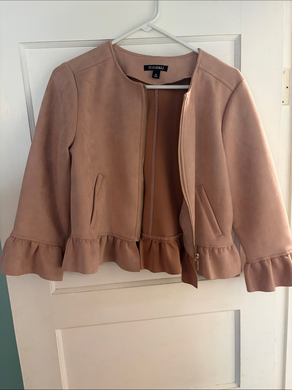 Roz & Ali Blush Pink Ruffle-Hem Zip Jacket
